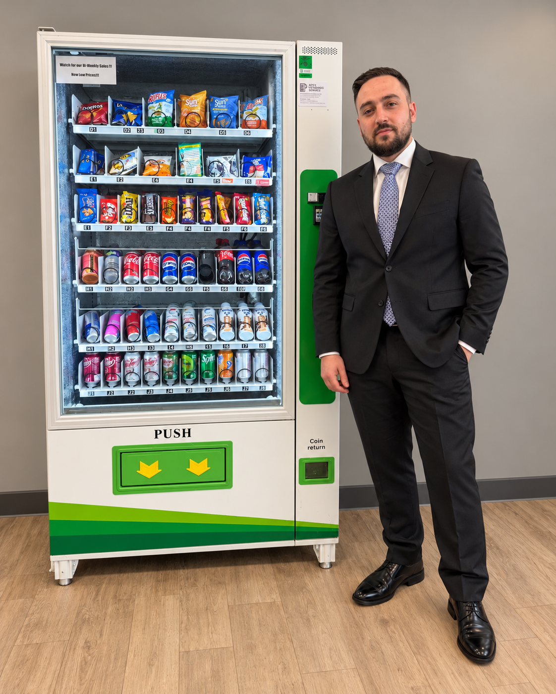 Joe Neschis in a suit beside his white-and-green snack and drink vending machine.