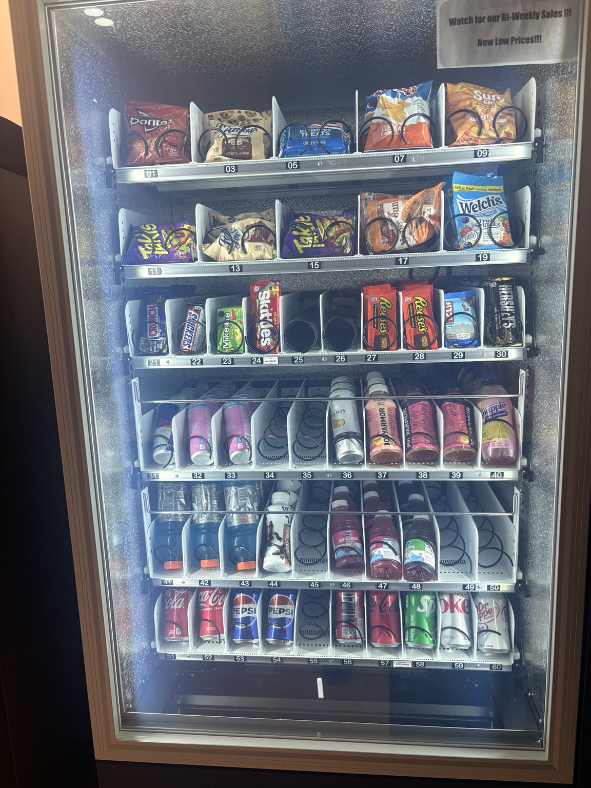 One of Joe’s snack and drink machines, with chips, candy, water and cold drinks.